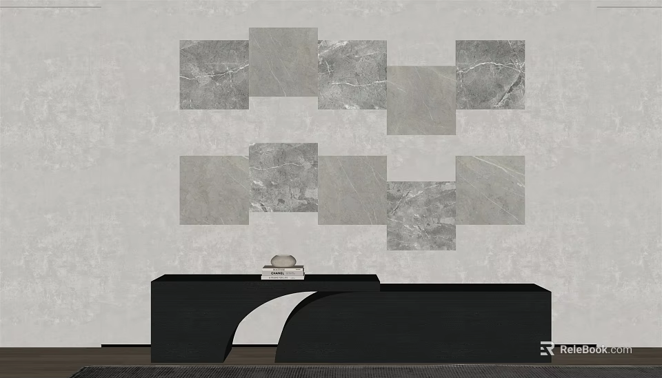 Wall Decor With Marble Texture Square Panels Irregular Arrangement Above Black Console Table Small Ornament 3d model 