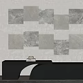 Wall Decor With Marble Texture Square Panels Irregular Arrangement Above Black Console Table Small Ornament