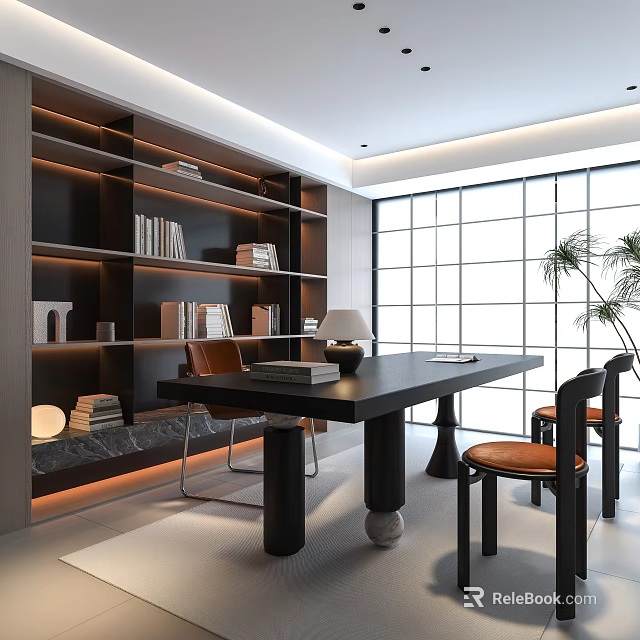 Modern Study Room Interior With Dark Bookshelves Large Windows And Leather Chairs 3d model 