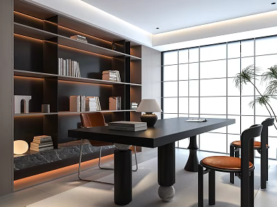 Modern Study Room Interior With Dark Bookshelves Large Windows And Leather Chairs 3d model