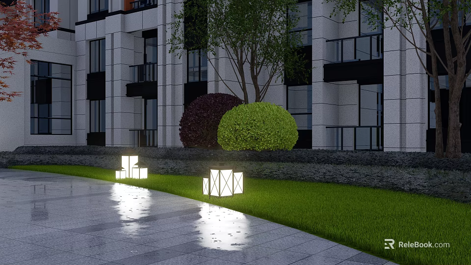 Square Outdoor Lights Illuminating Modern Building Lawn With Stone Pavement And Bushes 3d model 