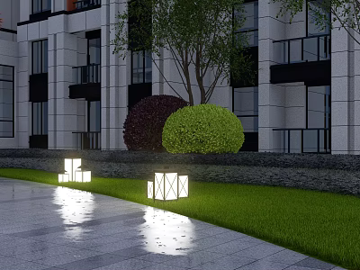 Square Outdoor Lights Illuminating Modern Building Lawn With Stone Pavement And Bushes 3d model