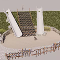 Outdoor Playground Equipment Featuring Double Slides Tire Stairs Grass Area and Wooden Fence