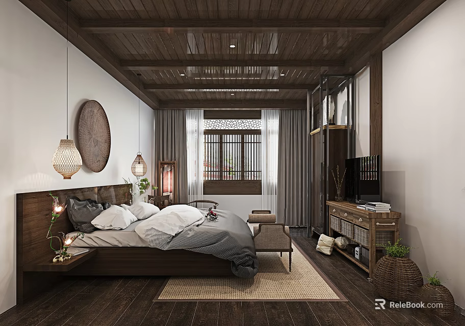 Traditional Chinese Hotel Guest Room with Wooden Ceiling Circular Decor Lantern Pendant Lights Lattice Window 3d model 