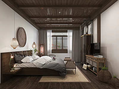 Traditional Chinese Hotel Guest Room with Wooden Ceiling Circular Decor Lantern Pendant Lights Lattice Window 3d model