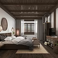 Traditional Chinese Hotel Guest Room with Wooden Ceiling Circular Decor Lantern Pendant Lights Lattice Window