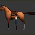 3D Brown Horse With Red Saddle And Red Haired Woman In White Top Blue Pants