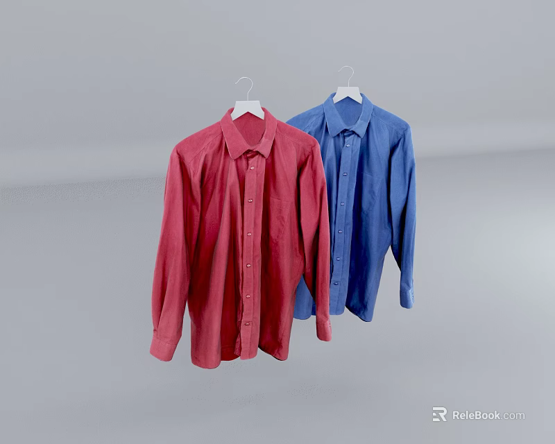 Red And Blue Long Sleeve Button Down Shirts Hanging On White Hangers 3d model 
