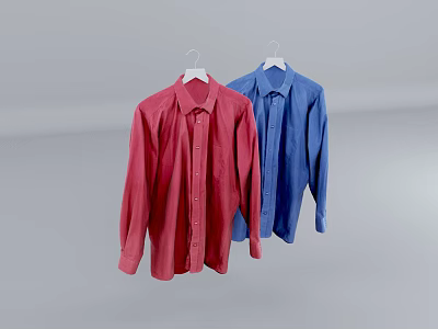 Red And Blue Long Sleeve Button Down Shirts Hanging On White Hangers 3d model