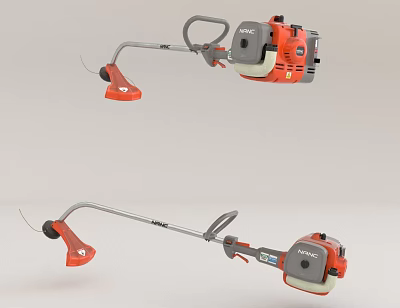 Industrial Equipment Two Handheld Brush Cutters With Red Gray Shaft Engine And Cutting Head 3d model
