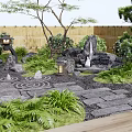 Japanese Courtyard Garden With Wooden Structures Stone Arrangement Pine Trees and Lanterns