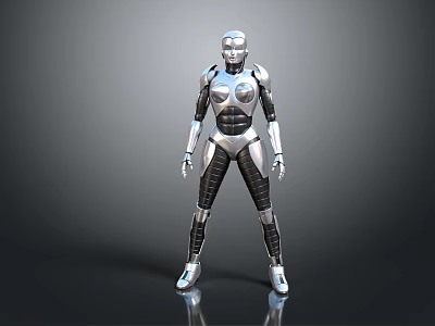 Silver Humanoid Robot Character With Metallic Texture Standing Pose And Mechanical Structure 3d model