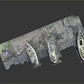 Three Worn Out Boats Resting On Sandy Mudflat Near Water Edge