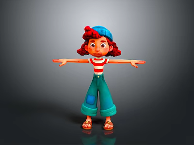 Cheerful Cartoon Girl With Red Hair Blue Cap Striped Shirt And Green Pants Arms Outstretched 3d model