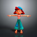 Cheerful Cartoon Girl With Red Hair Blue Cap Striped Shirt And Green Pants Arms Outstretched