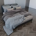 Modern Double Bed With Gray Bedding And Large Windows City View Herringbone Floor