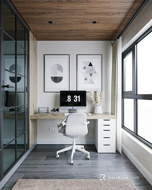 Modern Study Room With Desk White Chair And Art Prints 3d model 