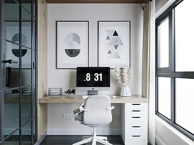 Modern Study Room With Desk White Chair And Art Prints 3d model
