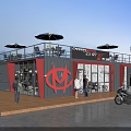 Modern Motorcycle Station Featuring Container Structure Balcony Umbrellas Tables Chairs And Motorcycles