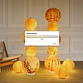 Multiple Stacked Traditional Chinese Lanterns With Decorative Patterns And Calligraphy In Modern Interior