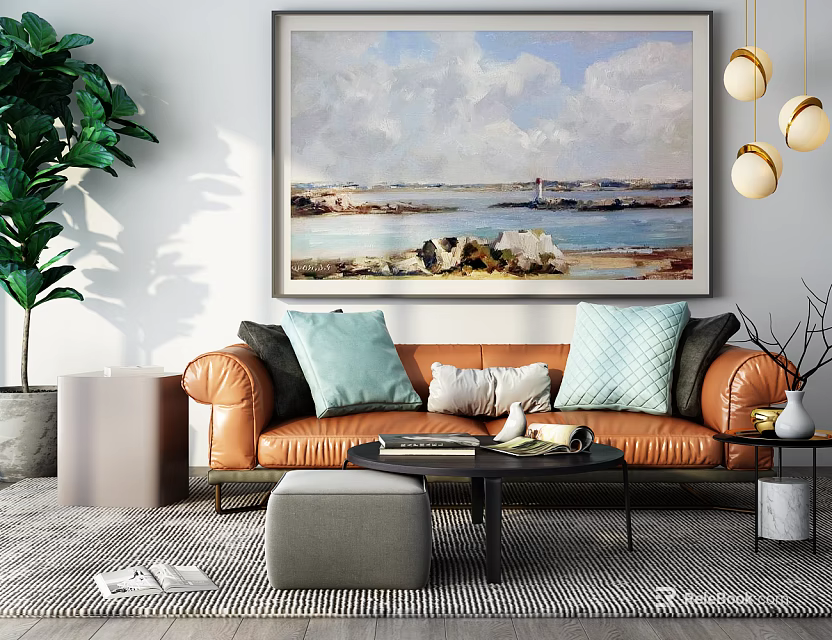 Two Seater Orange Leather Sofa with Light Blue Gray Cushions Decorative Painting and Green Plant 3d model 