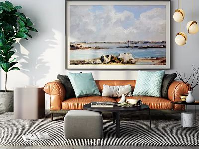 Two Seater Orange Leather Sofa with Light Blue Gray Cushions Decorative Painting and Green Plant 3d model