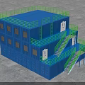 Blue Container Building with Multi Level Structure Green Railings and Stairs 3d model