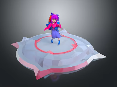 Character With Purple Pink Hair And Animal Ears Standing On Polygonal Platform With Red Ring 3d model