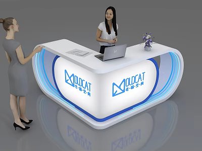 Modern Curved White Reception Desk With Blue Accents Laptop And Receptionist 3d model