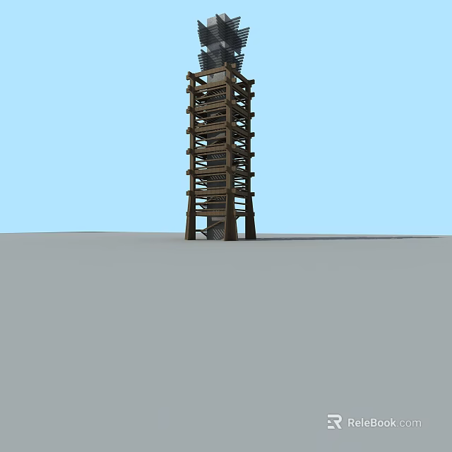Wooden Tower With Multi Layered Structure And Entrance Against Blue Sky And Gray Ground 3d model 
