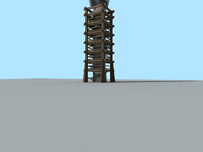 Wooden Tower With Multi Layered Structure And Entrance Against Blue Sky And Gray Ground 3d model