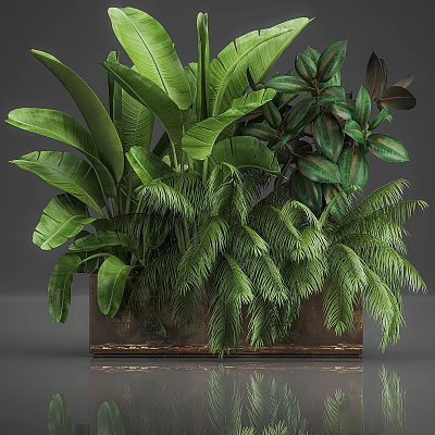 Different Types of Green Tropical Plants In Brown Planter With Lush Foliage 3d model