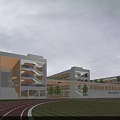 Modern School Building Exterior With Glass Facade Track Field Green Lawn And Children Playing