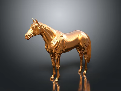 Golden Horse Sculpture With Shiny Metallic Finish On Grey Background 3d model
