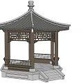 Traditional Chinese Garden Pavilion With Classic Roof Carved Lattice Windows And Railing