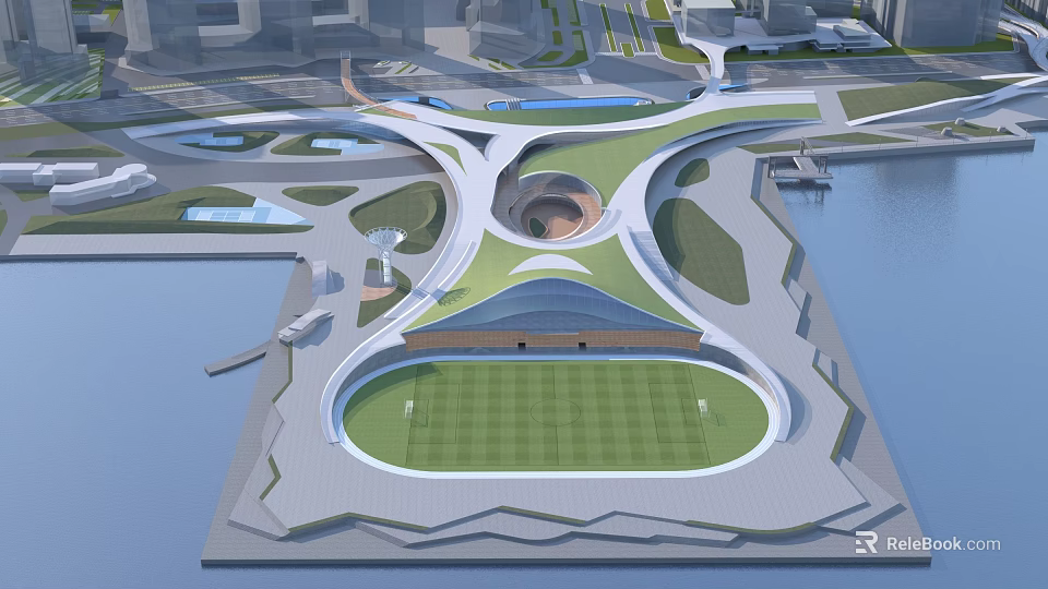 Modern Plaza Landscape With Green Roof Circular Lawn Water Features And Surrounding Buildings 3d model 