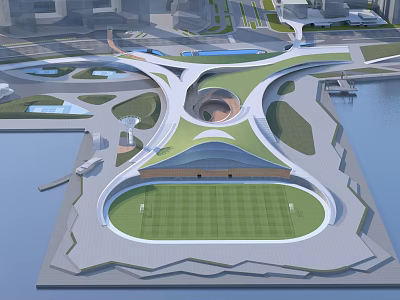 Modern Plaza Landscape With Green Roof Circular Lawn Water Features And Surrounding Buildings 3d model