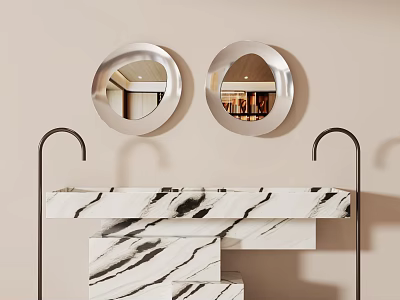 Modern Marble Wash Basin With Double Round Silver Mirrors On Sleek Black Metal Frame 3d model