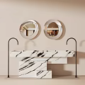 Modern Marble Wash Basin With Double Round Silver Mirrors On Sleek Black Metal Frame