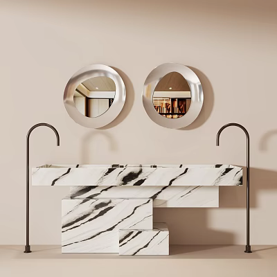 Modern Marble Wash Basin With Double Round Silver Mirrors On Sleek Black Metal Frame 3d model