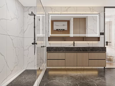 Modern Bathroom With Marble Tiles Illuminated Mirror Glass Shower And Vanity 3d model