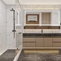 Modern Bathroom With Marble Tiles Illuminated Mirror Glass Shower And Vanity