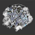 Cartoon Scene Blue Ice Block With Green And Blue Flames White Clouds Splashing Fragments