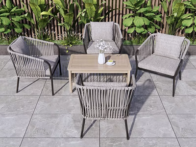 Outdoor Rattan Table And Chairs Set With Wooden Top Green Plants And Stone Tiles Floor 3d model