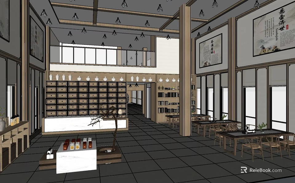 Traditional Chinese Tea House Interior With Tall Shelves Wooden Tables And Pendant Lights 3d model 