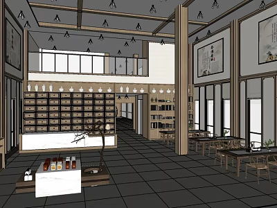 Traditional Chinese Tea House Interior With Tall Shelves Wooden Tables And Pendant Lights 3d model