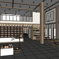 Traditional Chinese Tea House Interior With Tall Shelves Wooden Tables And Pendant Lights