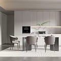 Modern Restaurant Interior With White Cabinets Island Counter Four Gray Chairs Green Plant Window Blinds