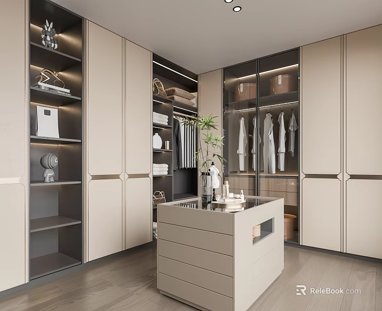 Modern Walk In Closet Interior With Cabinets Shelves And Island 3d model 