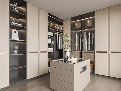 Modern Walk In Closet Interior With Cabinets Shelves And Island 3d model
